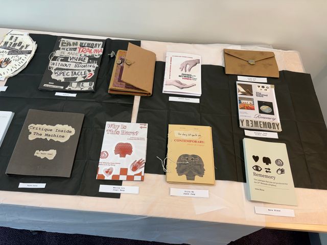 View of printed zines laid out on a table